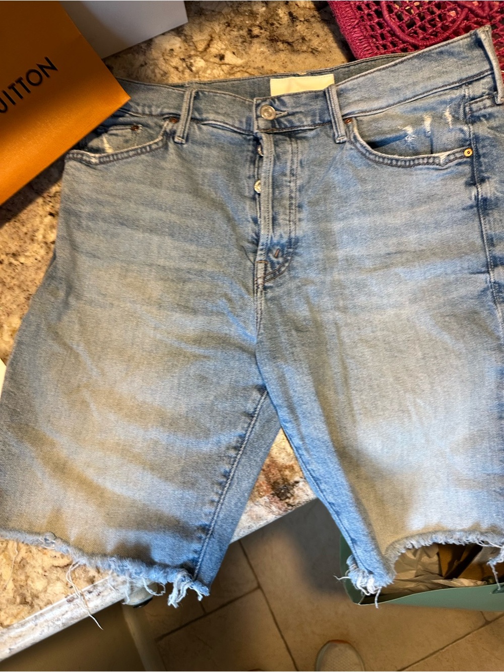 MOTHER Light Blue Boyfriend Denim Shorts with Frayed Hem